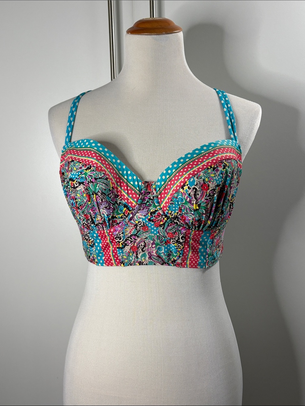 Floral Polka Longline Bralette Bathing Top - Turquoise & Pink M E-Cup